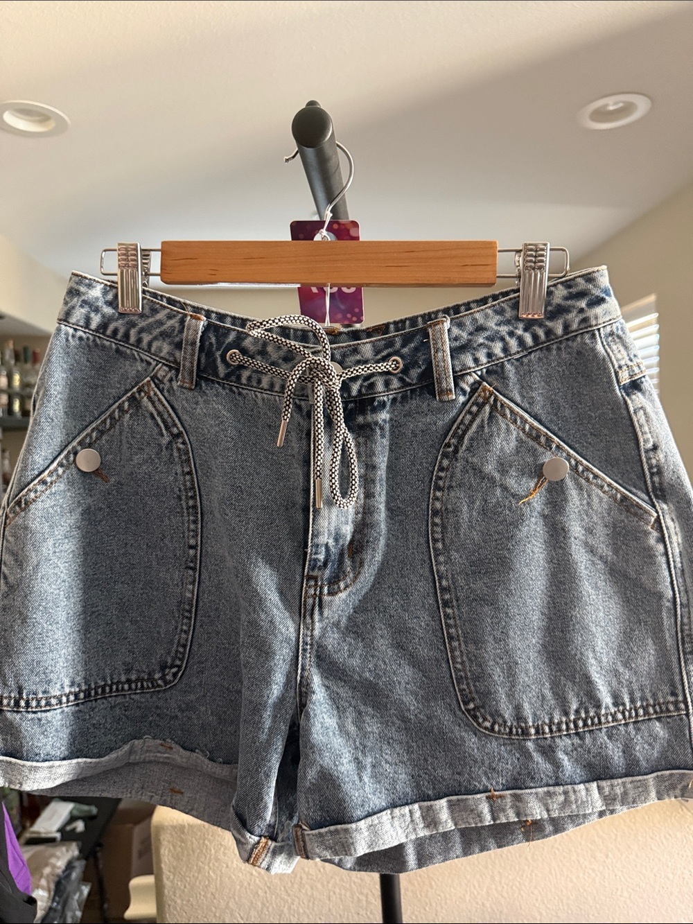 BiBi Light Blue Washed Denim Utility Shorts with Drawstring Detail
